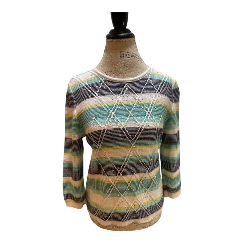 Alfred Dunner Beaded & Striped 3/4 Sleeve Sweater w/ Argyle Stitch Women's Sz PL
